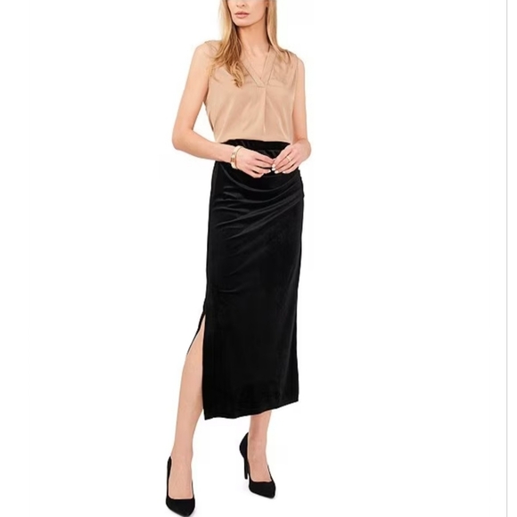 Vince Camuto Velvet Ruched Side Slit Midi A-Line Skirt - Picture 2 of 6
